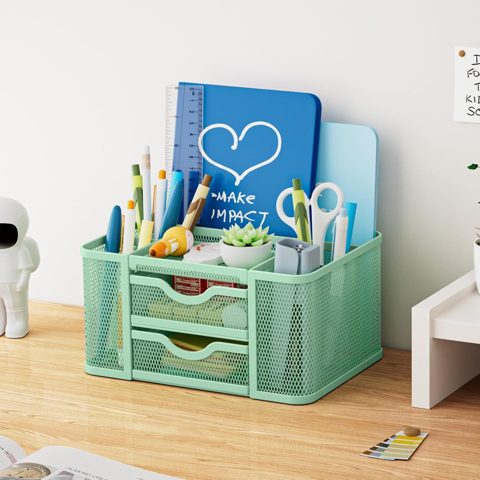 Marbrasse Organizer Scrivania,Portapenne Scrivania a Rete Vassoio Portacarte 3 Scomparti con Maniglia Organizzatore Scrivania, Portapenne Scrivania per File A4, Portapenne per Casa Ufficio (Verde)