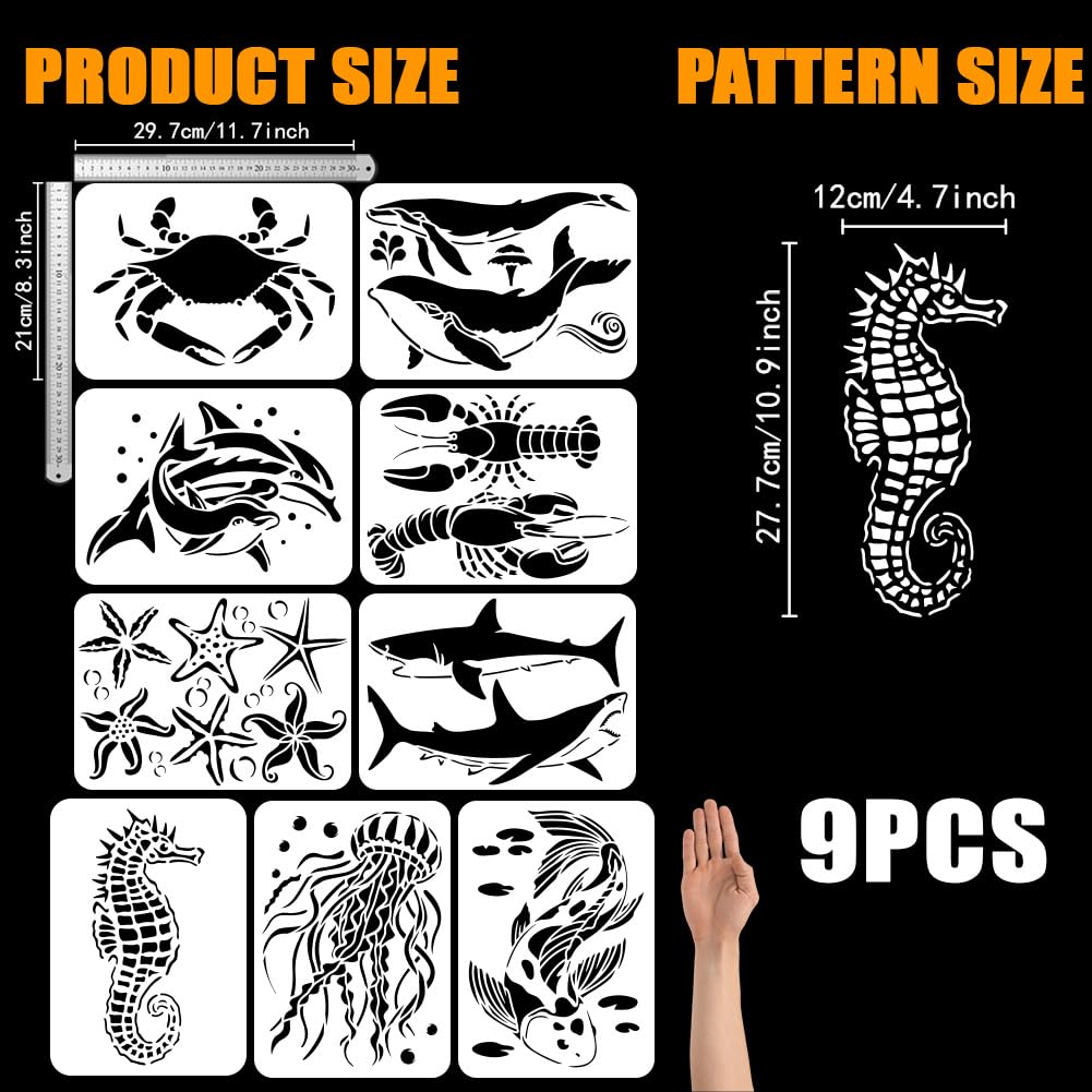 FINGERINSPIRE 9 pcs Aquatic Creatures Painting Stencil 21x29.7cm Seahorse Jellyfish Koi Dolphin Crab Starfish Lobster Shark Whales Drawing Template for Painting on Wood Wall Fabric Furniture - Image 2