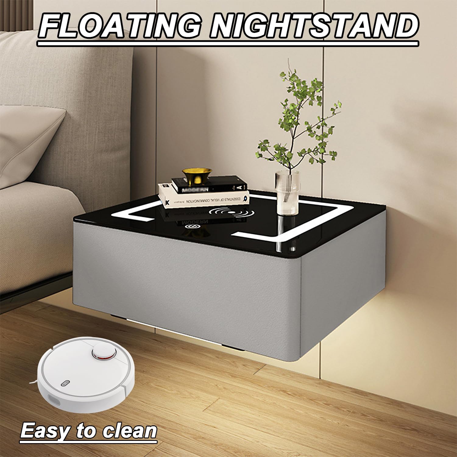 Comodino Moderno sospeso con cassetto, Comodino da Parete e Stazione di Ricarica, Design Intelligente con sensore Automatico, Grigio Chiaro, Ideale per Soggiorno e Camera da Letto, 40 cm/16