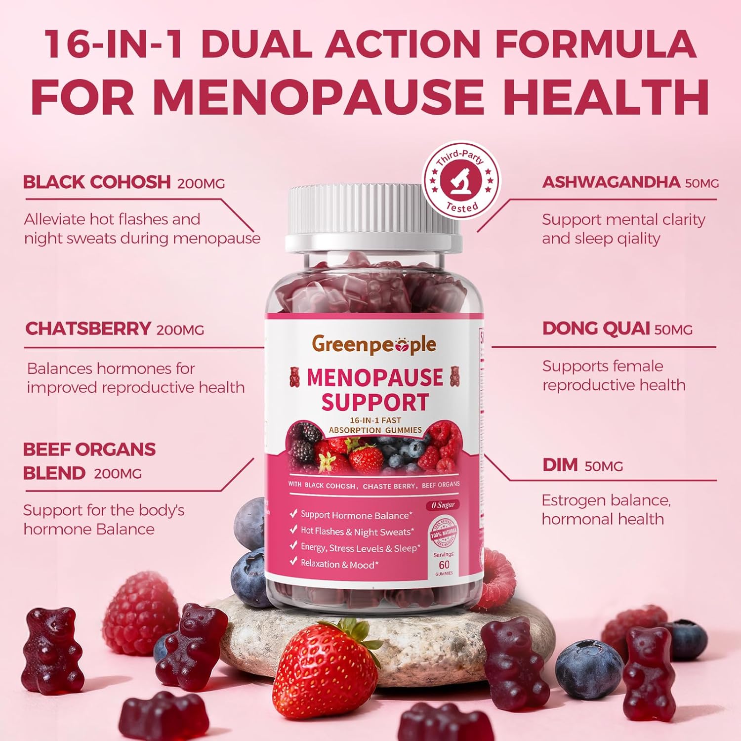 GREENPEOPLE Menopause Supplements for Women Gummies - 16-in-1 Dual Action Menopause Relief W/Black Cohosh, Vitex, Beef Organs for Hormone Balance, Hot Flashes, Night Sweats & Mood, 60 CT (2 Packs) - Image 5