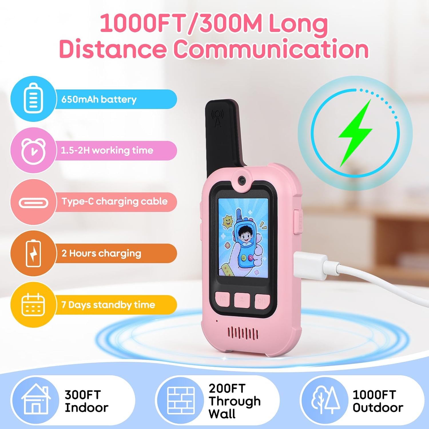Kids Walkie Talkies 2 Pack, Kids Video Walkie Talkies with Screen, 4 Voice Changer & Cute Stickers, 1000FT Long Range Gift Toys for Girl Age 3-10, Walkie Talkies for Kids Outdoor Camping Hiking