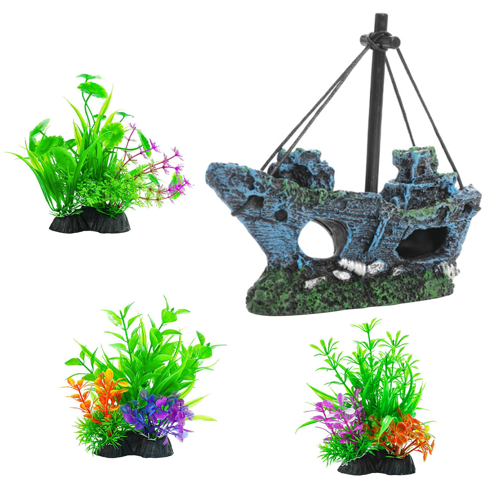 Rudfovn 4 Pcs Fish Tank Decorations Ornaments, Aquarium Accessories for Collectibles Figurines Tropical Plants Artificial