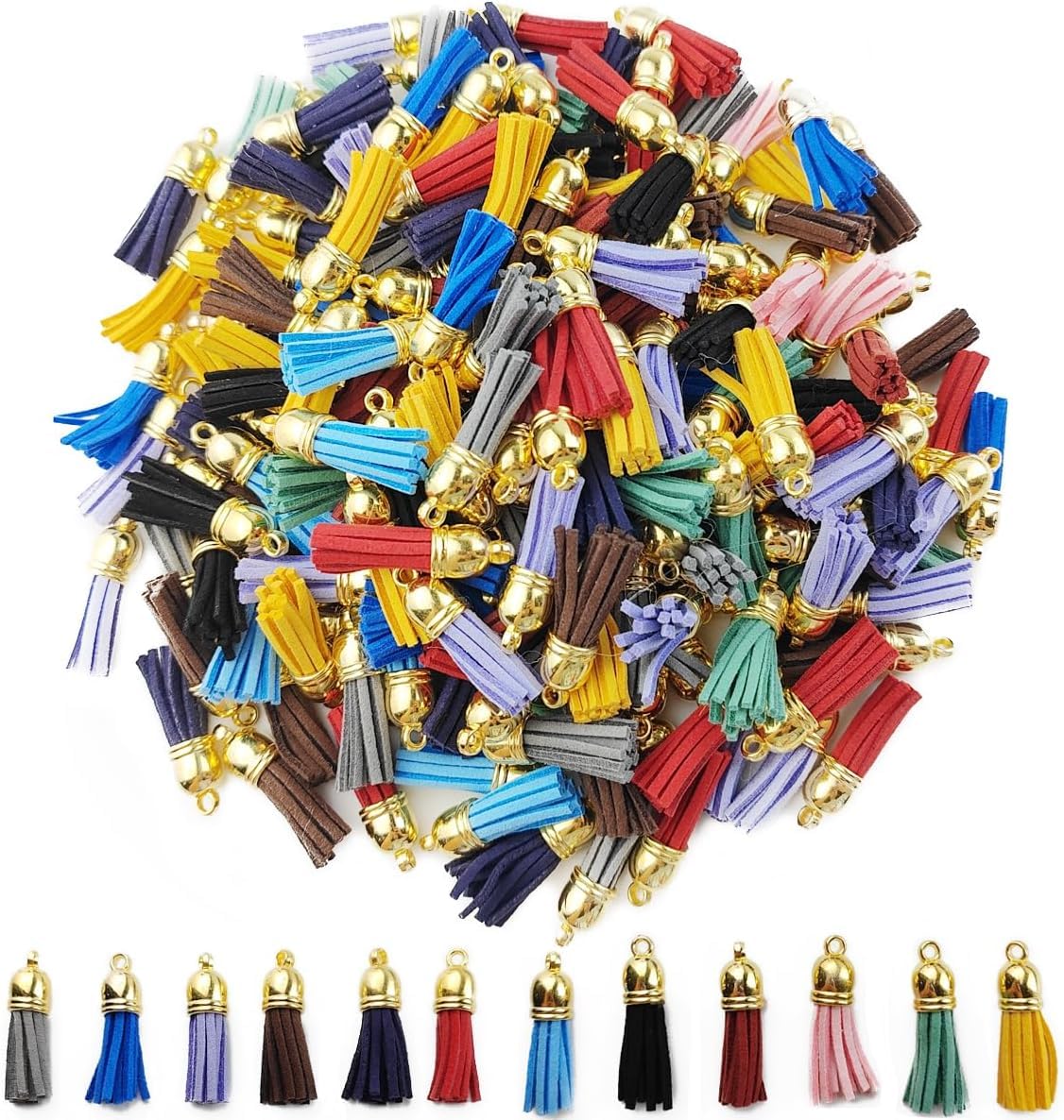 PRANSUNITA Multicolor Leather Faux Suede Tassel Pendant Latkan with Caps - 25 Pieces - Used for Making Earrings, Jewelry, Key Chain Straps DIY Accessories etc – 3.5 cm