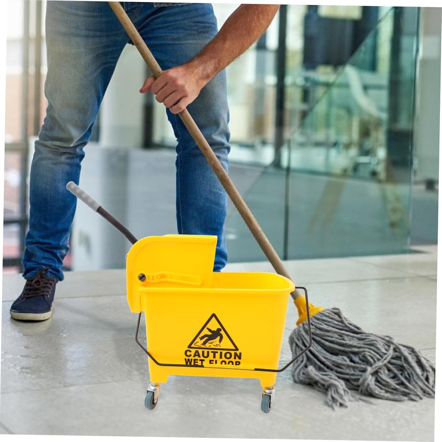 Commercial Mop Bucket with Side Durable Plastic Construction for Safety and Visibility for Cleaning and Mopping Tasks