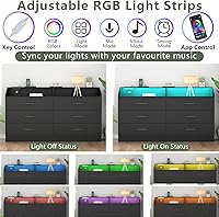 Vista 4 de Cómoda de 6 cajones con toma de corriente, cómoda con luz LED, cómoda moderna con cubículo de almacenamiento abierto, organizador de cómodas dobles