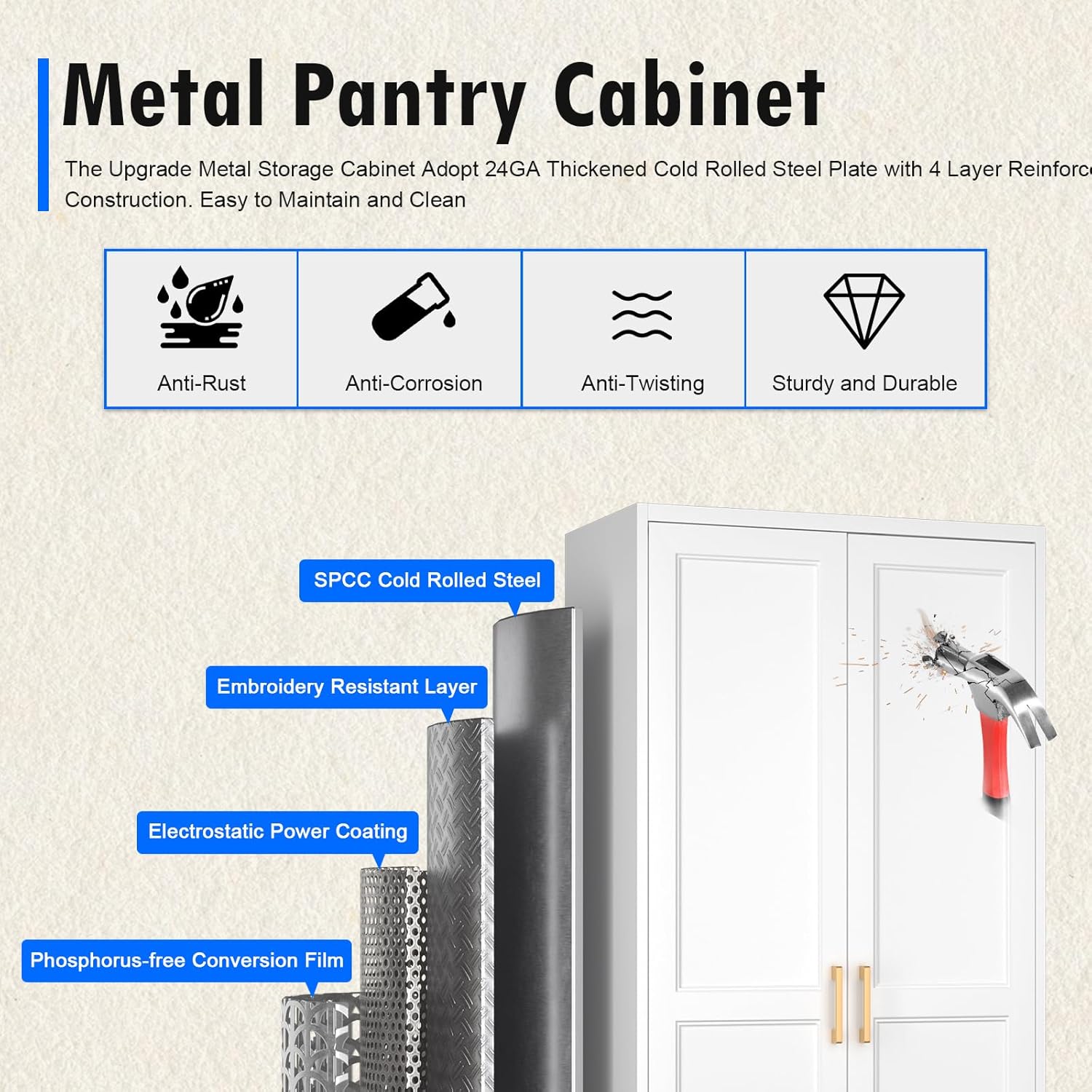 White Kitchen Pantry Cabinet, 71 Inch Tall Metal Storage Cabinet with Doors and Shelves, Pantry Cabinets for Kitchen Storage, Freestanding Cupboard for Living, Dining Room, Assemble Required