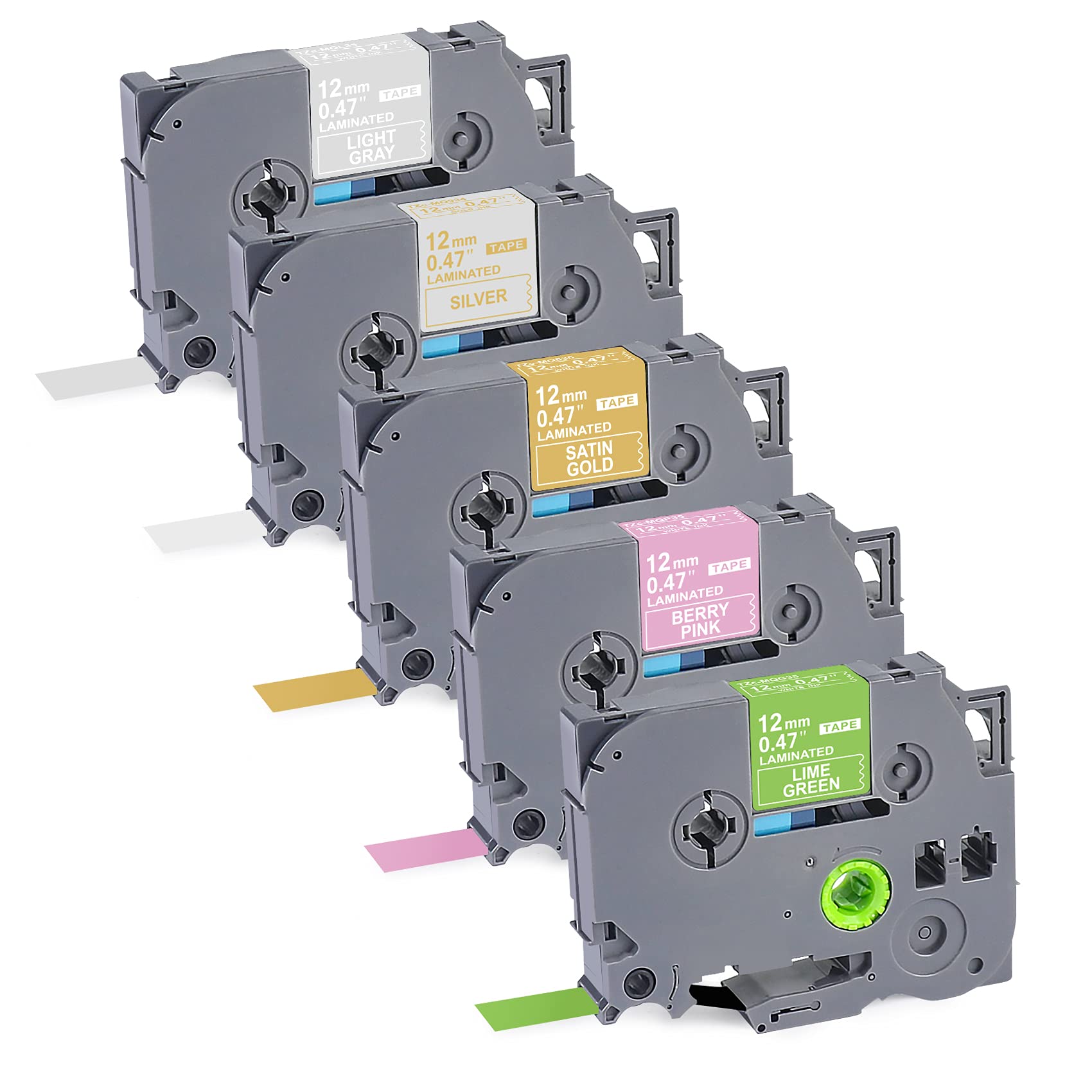 TITBIT5 Pack PTD220 Tape Compatible for Brother P Touch Tape 12mm 0.47" Laminated TZe Tape Silver/Grey/Berry Pink/Green/Gold,TZe-MQG35 MQP35 MQ835 MQ934 MQL35,for Label Maker PTD210,PTH110,PTD400