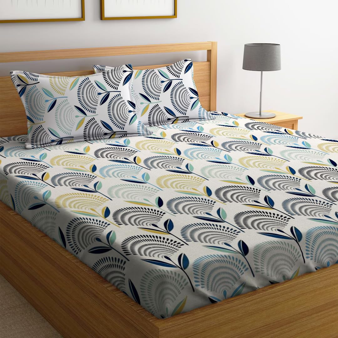 LOOMLYFE 300 TC Cotton Feel Glace Cotton Elastic Fitted Printed King Size Double Bed Bedsheet with 2 Pillow Covers Fits Upto 8 inches Mattress, Size- 72X78 Inches, WhiteFlower