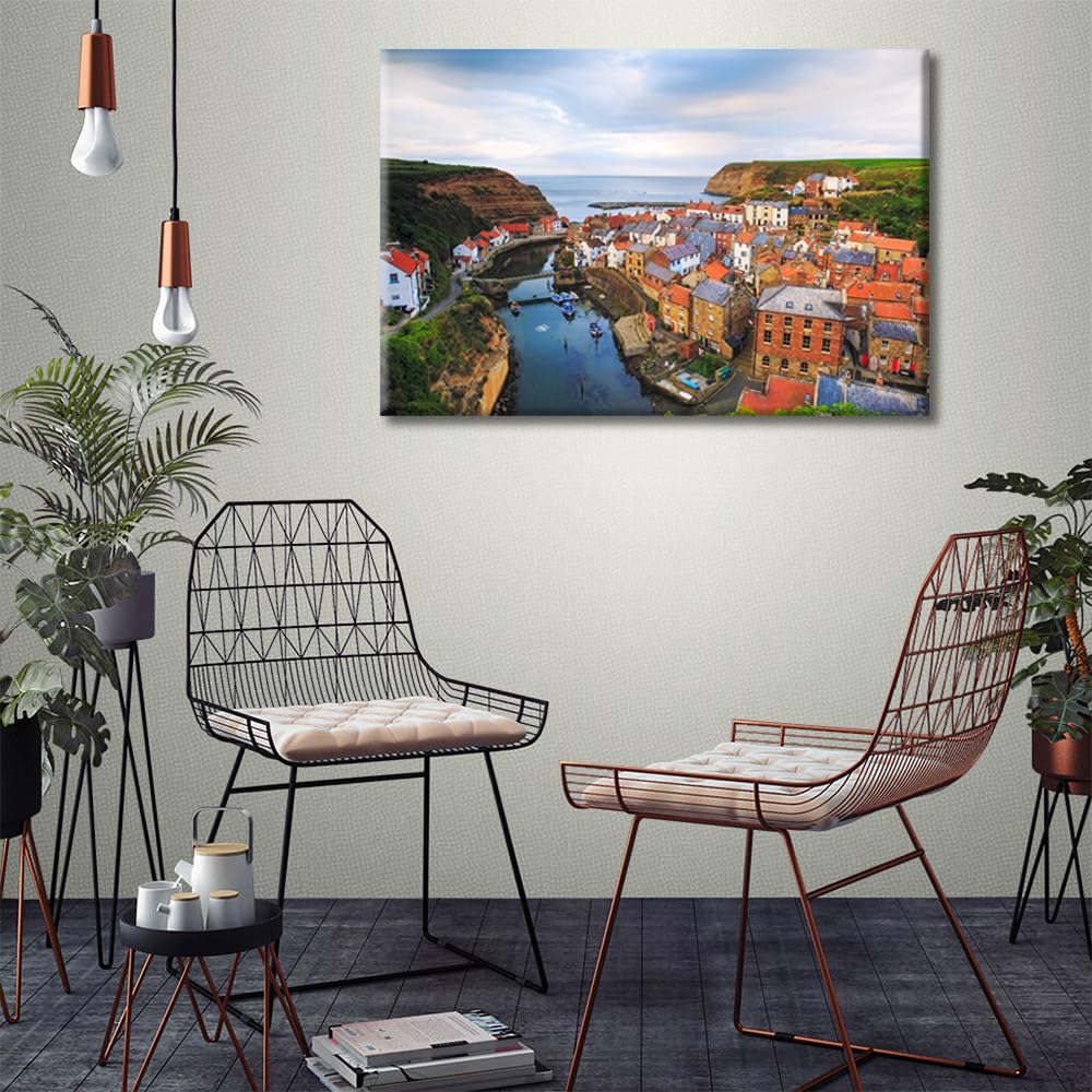 Scarborough Borough of North Yorkshire Wall Art Staithes England Poster Prints on Canvas 1 Pieces Canvas Wall Decor Home Decoration for Living Room Office Bathroom Framed Ready to Hang (16''Wx 24''H) - Image 3