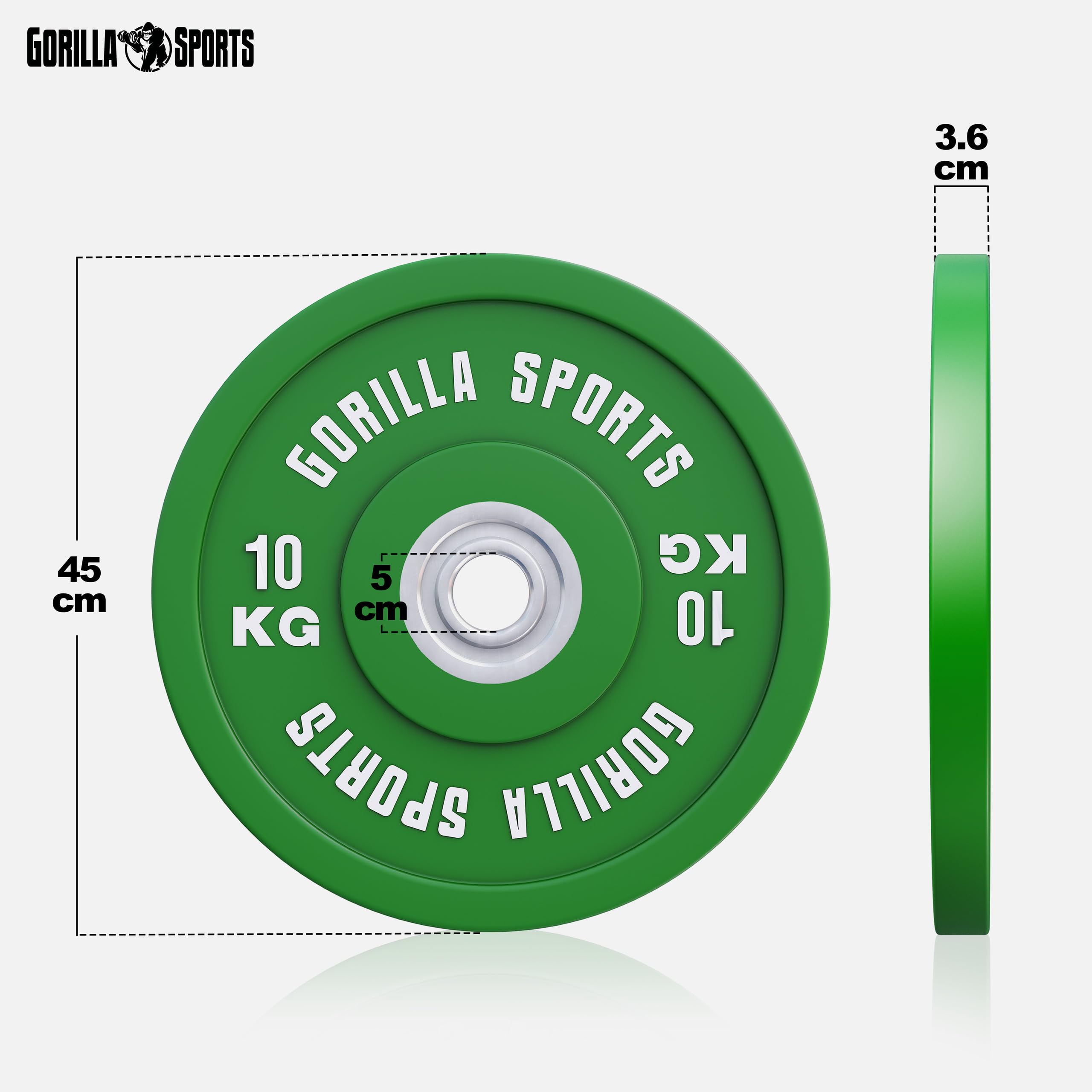GORILLA SPORTS® Bumper Plates - Discos de pesas (50 mm, individuales, 5/10/15/20/25 kg, hierro fundido, engomado)