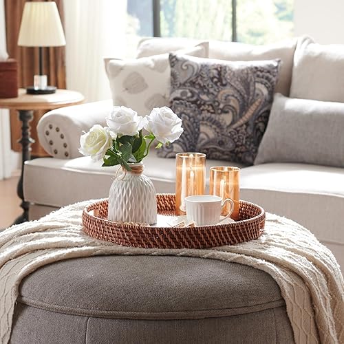 Miniatura 5 de Bandeja de ratán de 16.9 pulgadas, bandeja redonda de mimbre con asas recortadas, bandeja de servir tejida para comedormesa de café