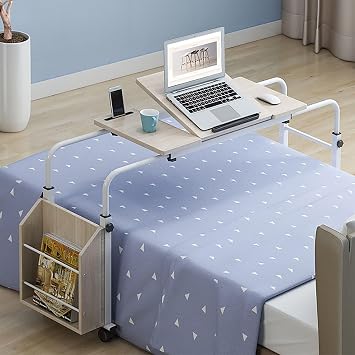 Overbed Table with Wheels, Queen Size Over Bed Desk with Adjustable Tilt Stand, Laptop Tray with Height and Length Frame Adjustment, for Hospital and Home UseWood Color,120cm/47in