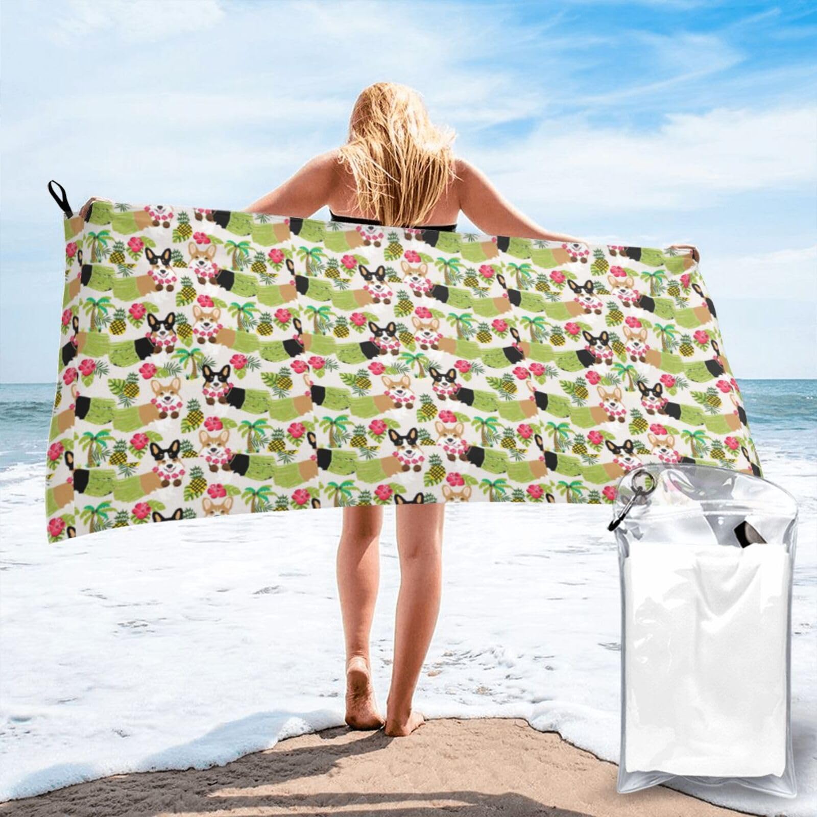 SDEGTHO Tropical Flower And Corgi Print Beach Towel Quick Dry Portable For Swimming Yoga Adults Fitness