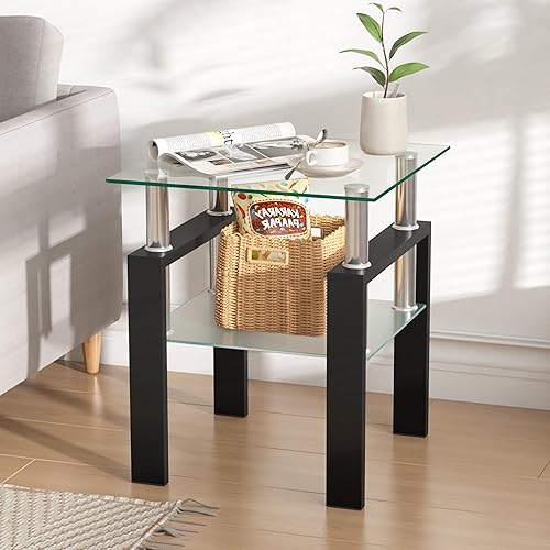 Miniatura 55 de IANIYA Mesa auxiliar moderna de cristal, mesa auxiliar de 2 niveles con parte superior de vidrio templado y patas de metal, esquina de mesita de