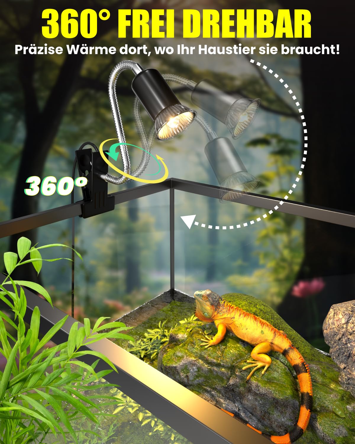 Schildkröte Wärmelampe Terrarium, Reptilien WäRmelampe 50W UVA/UVB Lampe Terrarium mit Timer und Clip E27 Lampenfassung für Schildkröte Spinne Eidechse Schlange Amphibien(2 Birnen enthalten)