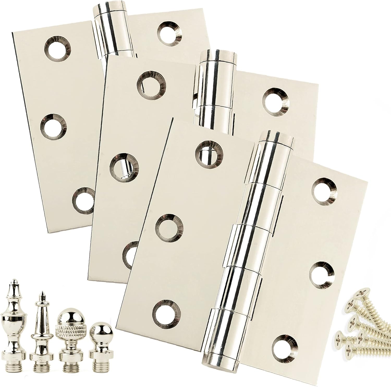 3 Pack - 3 x 3 Solid Brass Hinges - Polished Nickel (US14) with Acorn Tips