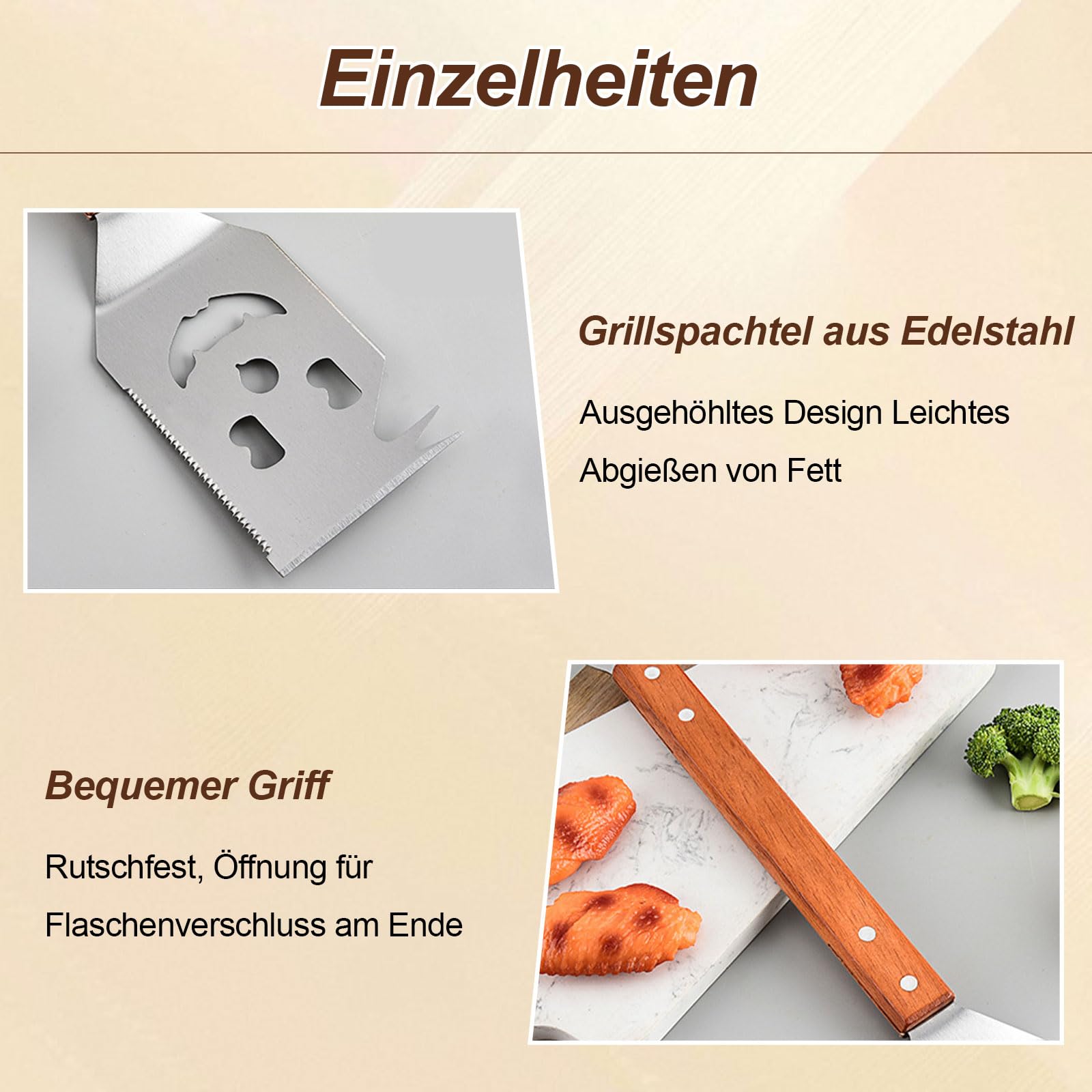 Set Ustensiles Barbecue 8 en 1, Spatule 42 cm et Fourchette 33 cm, Acier Inoxydable, Bois, Décapsuleur