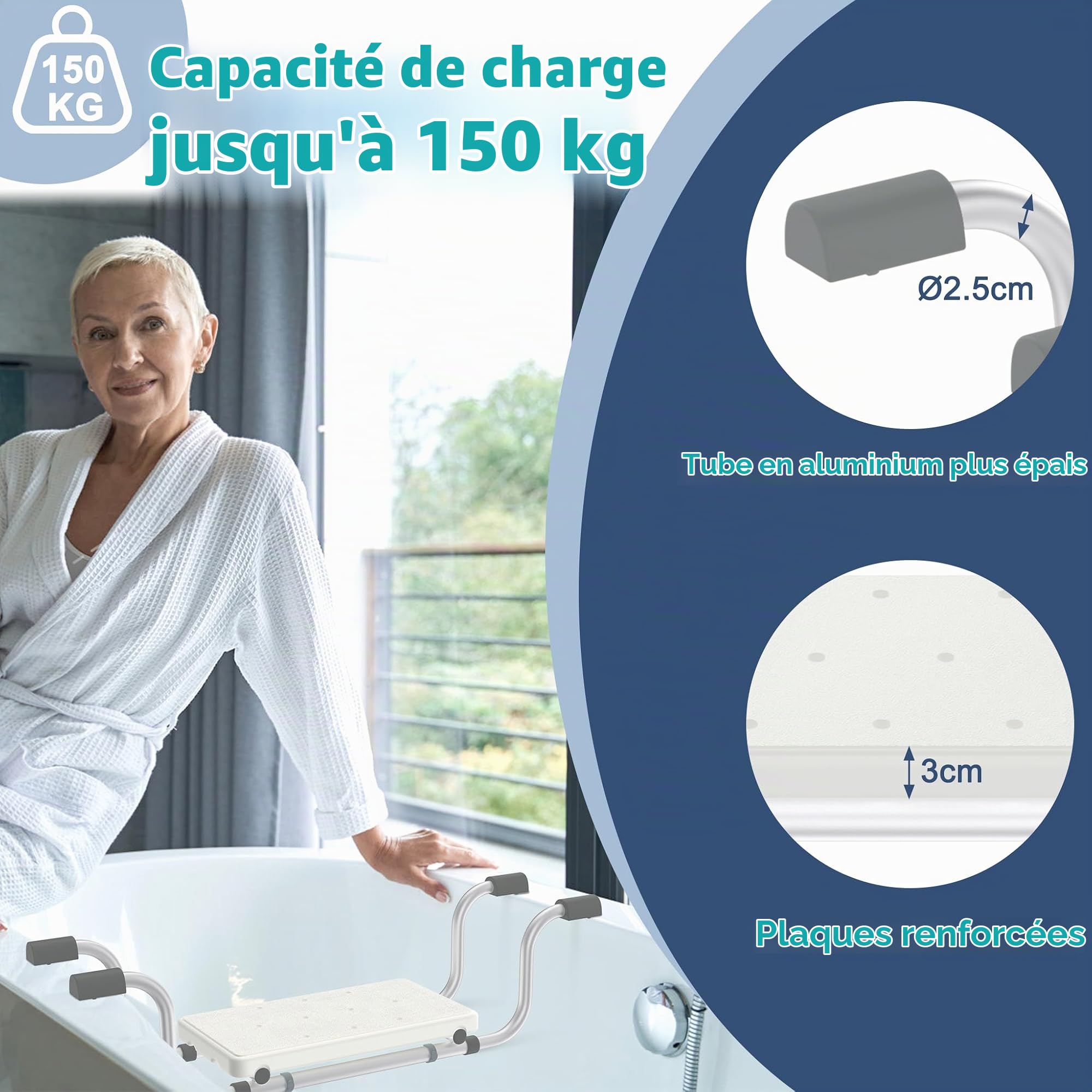 LZQ Planche de bain en aluminium pour personnes âgées, extensible de 72 à 82 cm, capacité de charge de 150 kg, siège de bain générique, antidérapant, avec poignée fixe, pour personnes âgées, femmes