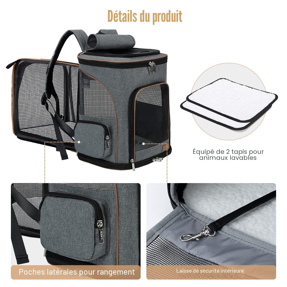 Lekesky Sac à dos, extensible, pour chat et petit chien, avec laisse de sécurité intérieure et 2 tapis pour animaux de compagnie, gris