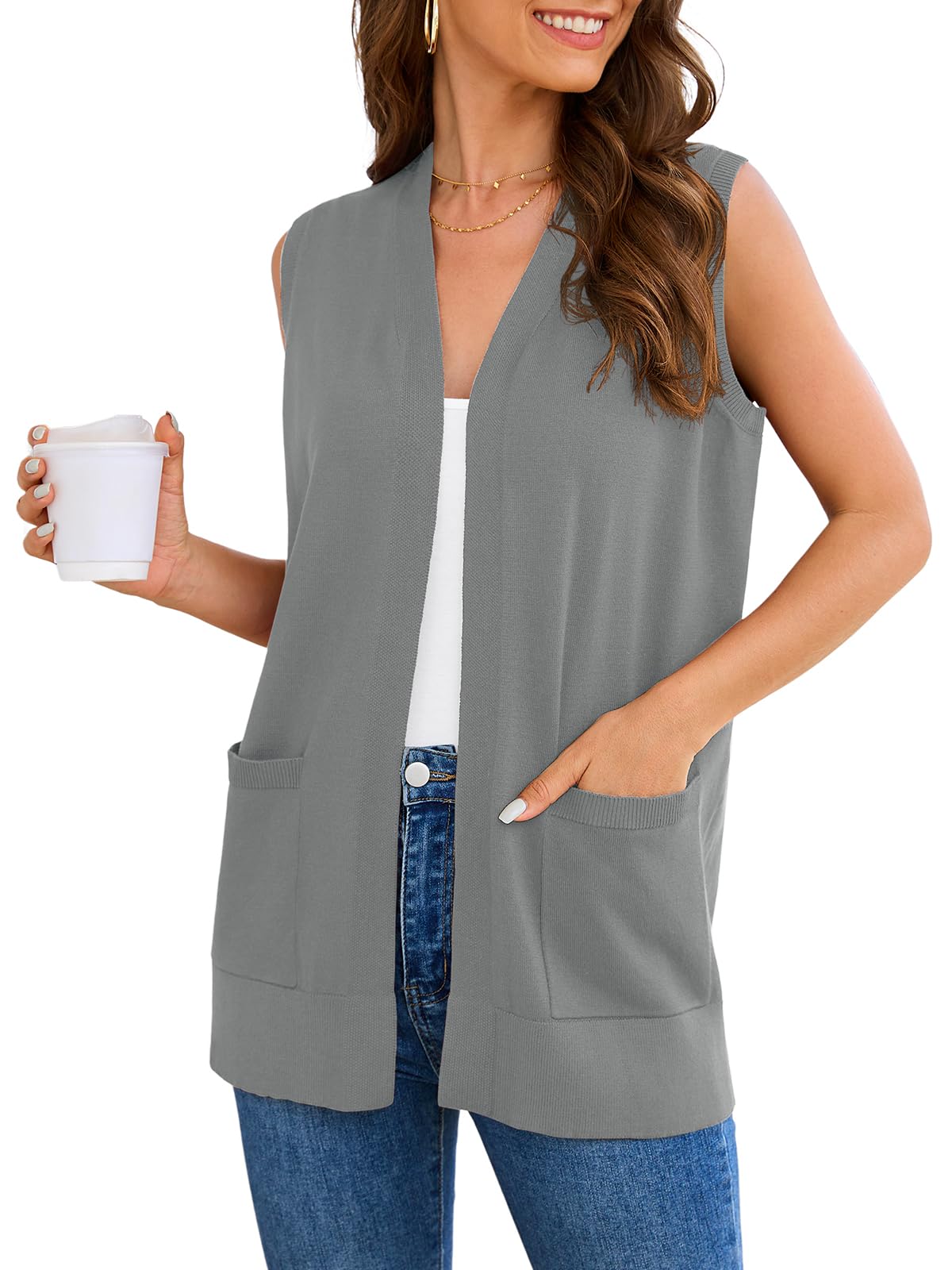 Wiwclo Veryoung Women Vests Fashion Casual Sleeveless Cardigan Sweaters Soft Knit Dressy Ladies Sweater Vest with Pockets