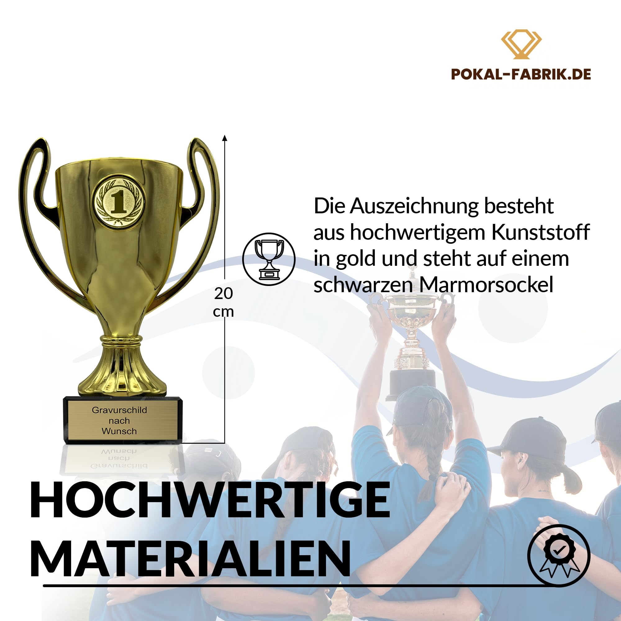 Pokal-Fabrik Pokal mit Gravur Wunschtext – Gold Trophäe mit Sportart Emblem nach Wahl – Personalisierte Auszeichnung für Fußball WM & Sport Events – 16/18/20 cm inkl. Marmorsockel