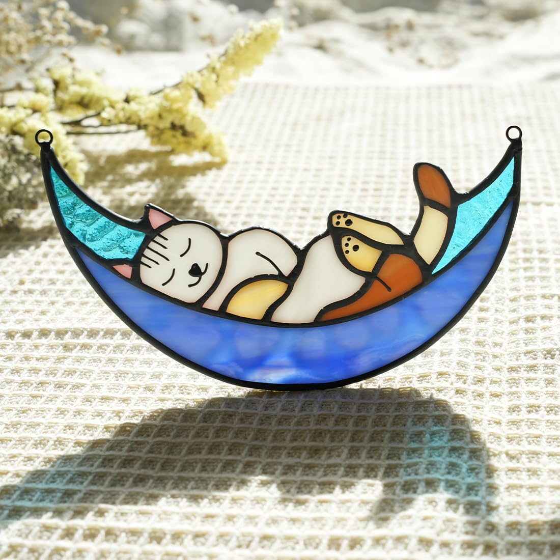 BOXCASA Sleeping Cat Stained Glass Windown Hanging,Cat on Moon Beautiful Handcrafted Sun Catcher Gifts for Daughter,Mothers Day,Christmas and Cats Lover