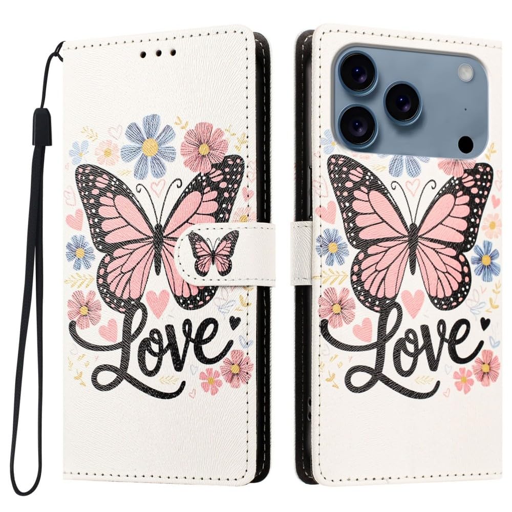 Generic Étui compatible avec iPhone 6/7/8/SE2/SE3 (motif : papillon rose) résistant aux chocs à rabat magnétique, étui à cartes
