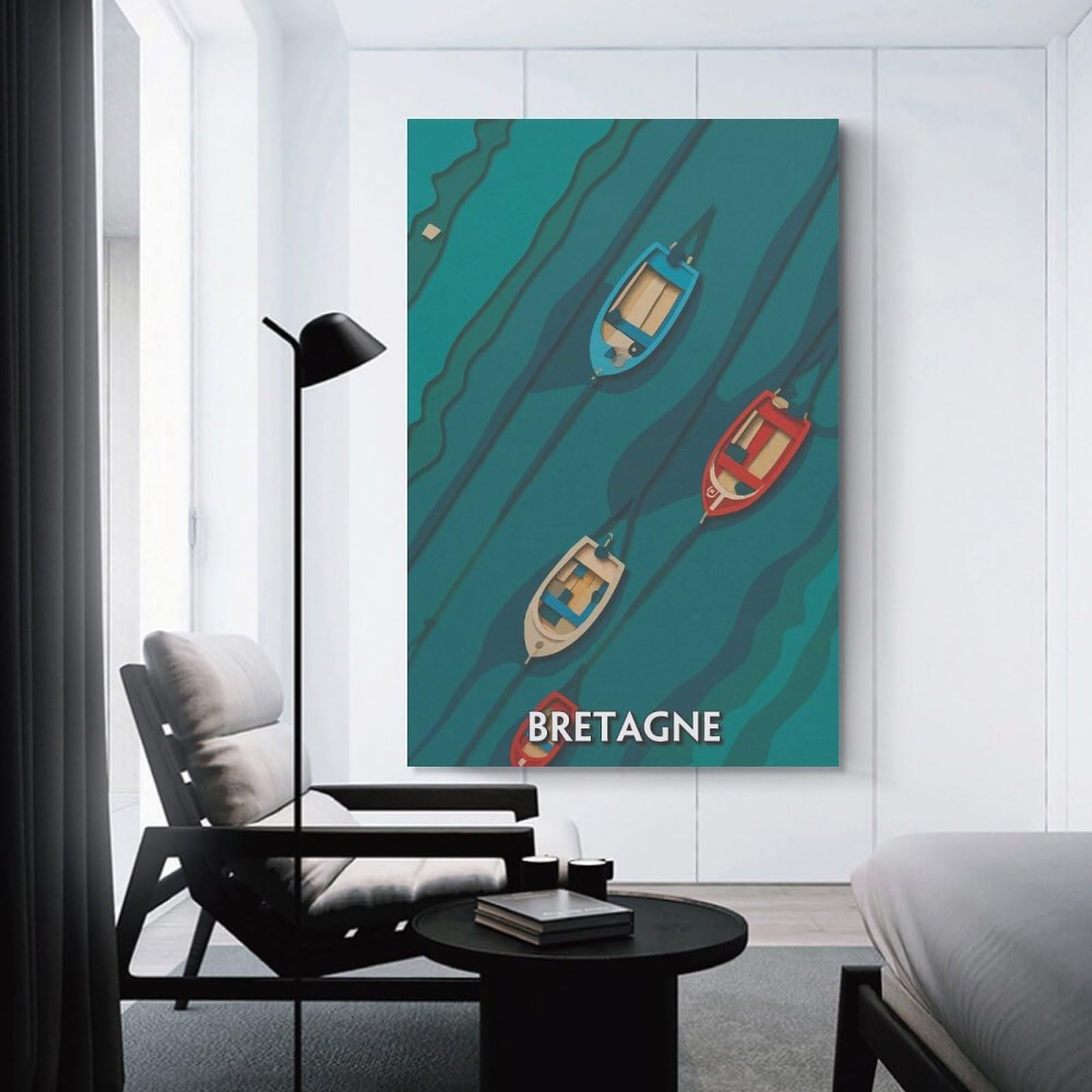 Junmoney Canvas Wall Art Bretagne Boats Illustration, 20x30inch(50x75cm), for Lounge Decor, Bedroom Walls Or Flats, A Home Accent with Warm Character