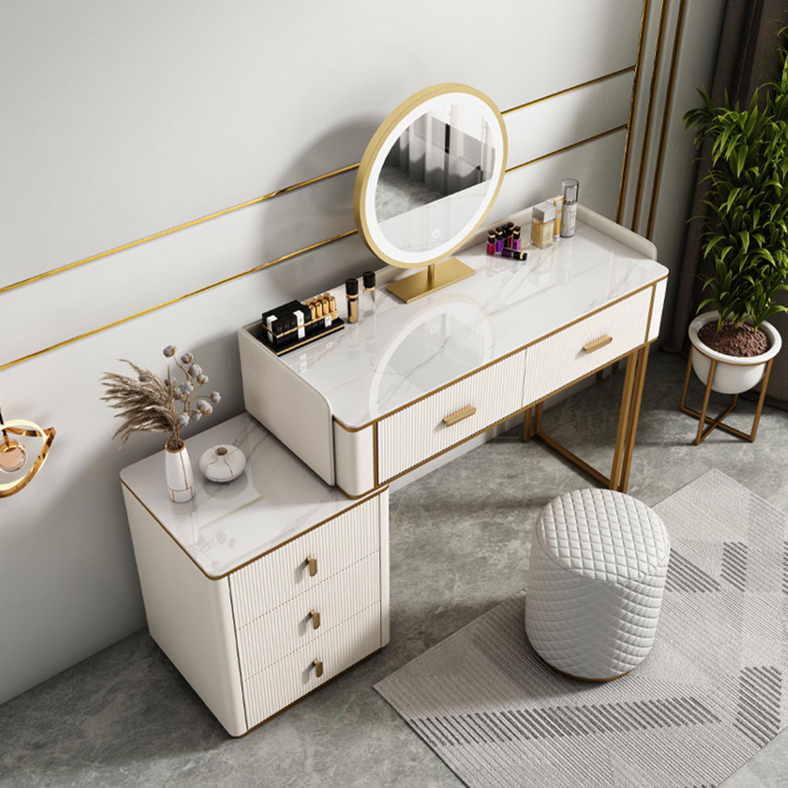 Scrivania per il trucco con specchio e luci, tavolo per il trucco con molti contenitori, 3 modalità di illuminazione regolabili, tavolo da toeletta per la camera da letto, ragazze, donne