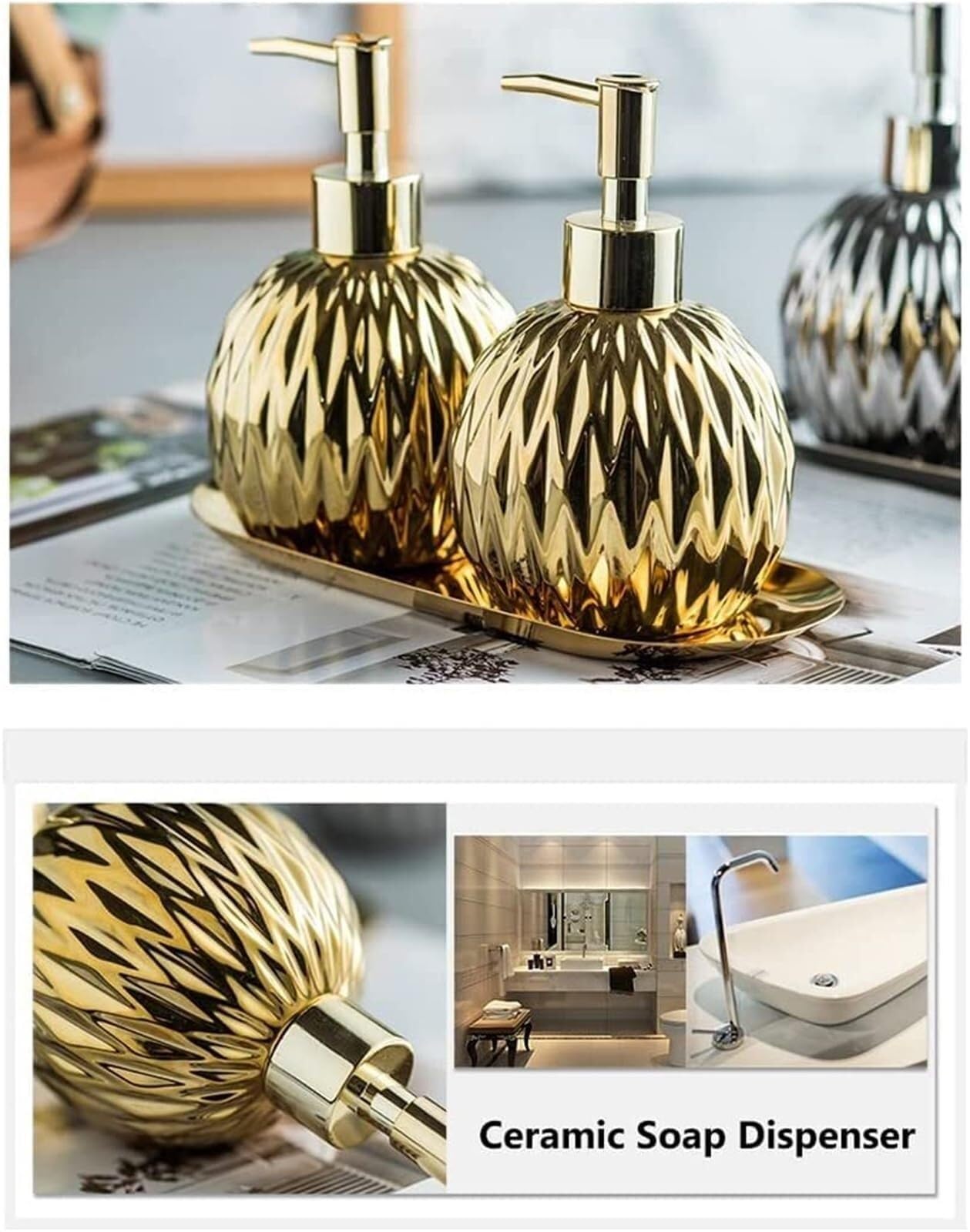 Set di accessori per il bagno Dispenser di sapone in ceramica forma rotonda for lozione da 400 ml/13,5 oz, decorazione bagno in stile costiero Arredamento per gli affittuari(Gold,1 piece)