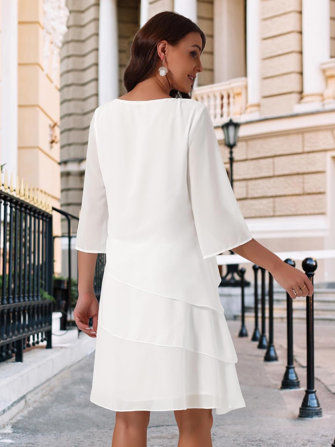 Seta T Women's Chiffon Dresses 3/4 Bell Sleeve Crewneck Tiered Layered Flowy Dress Party Wedding Outfits Small Whites - Image 6