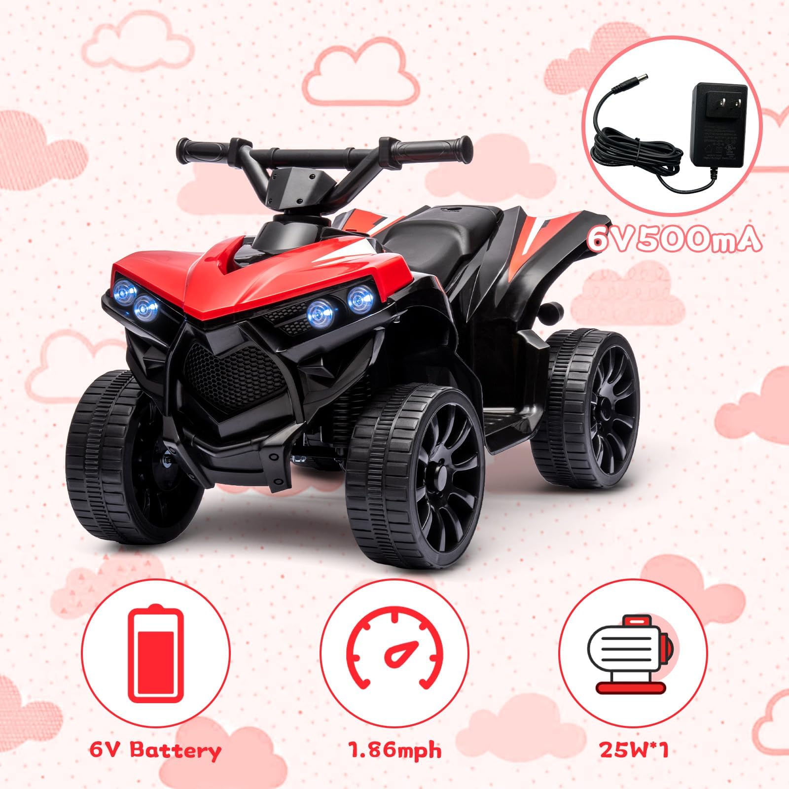 Quad Eléctrico para Niños 6V, Quad Eléctrico Infantil, Rojo | Faros LED, Música, Claxon, Pedal Acelerador, Marcha Adelante/Atrás, Velocidad 1,5-3km/h,Vehículo Eléctrico para Niños 3+ Años