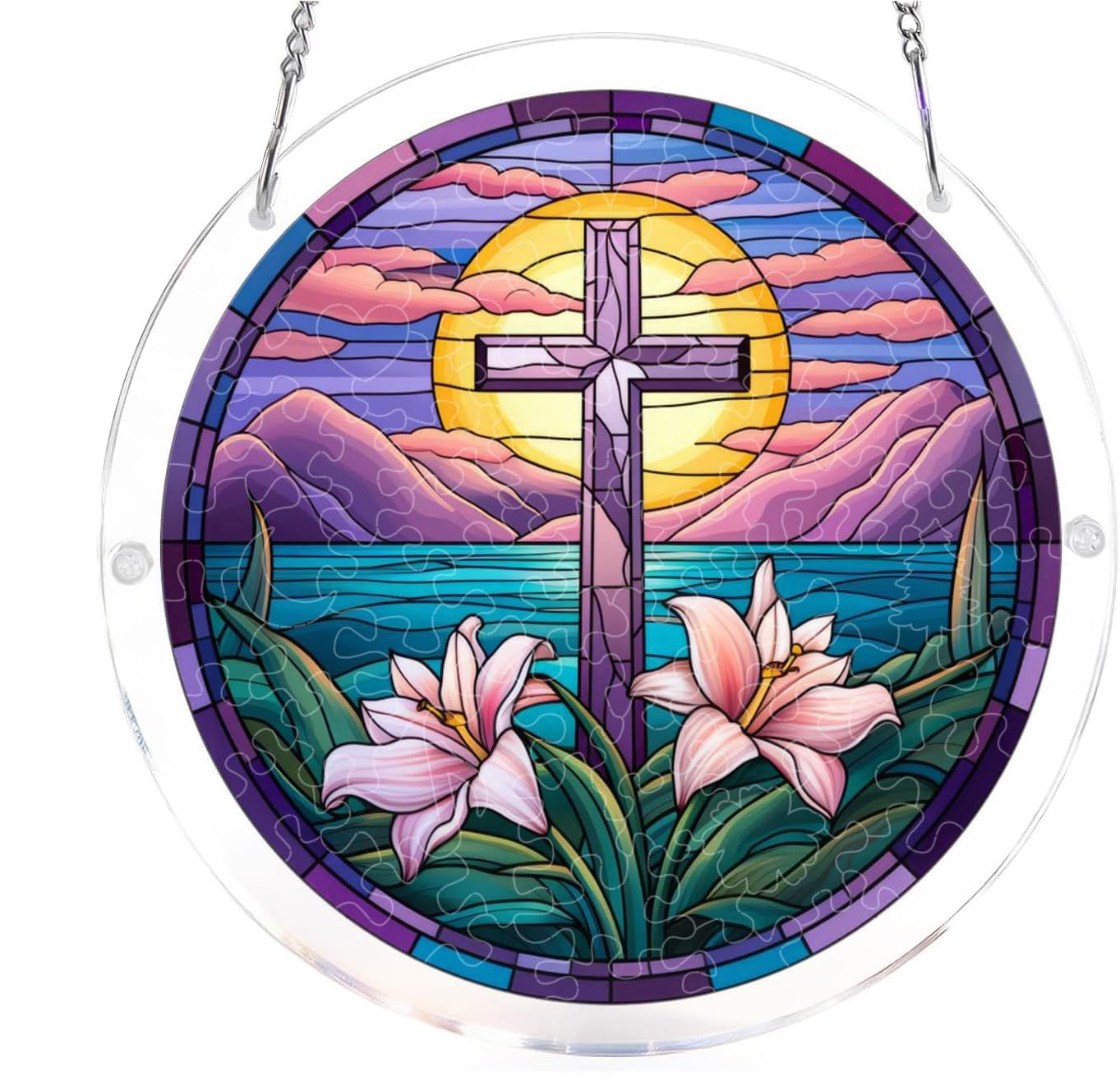 Cross- Acrylic Jigsaw Puzzles Suncatcher, 8.2 Inch Window Hanging Suncatcher Acrylic Puzzle, DIY Home Decor Art Gift