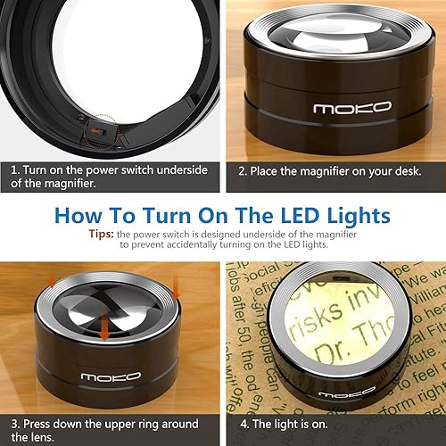 Miniatura 2 de MoKo Lupa de escritorio con iluminación LED con aumento 5X, lupa con luz y gran área de visión para personas mayores de lectura, inspección,