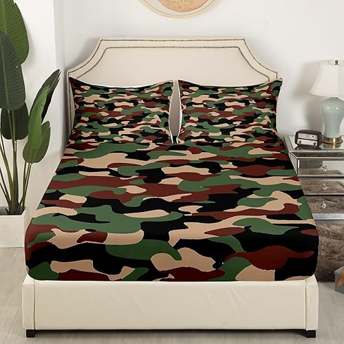 Miniatura 4 de Sábanas de camuflaje para niños, sábanas bajeras de camuflaje verde militar, juego de ropa de cama de camuflaje militar para niños, adolescentes,