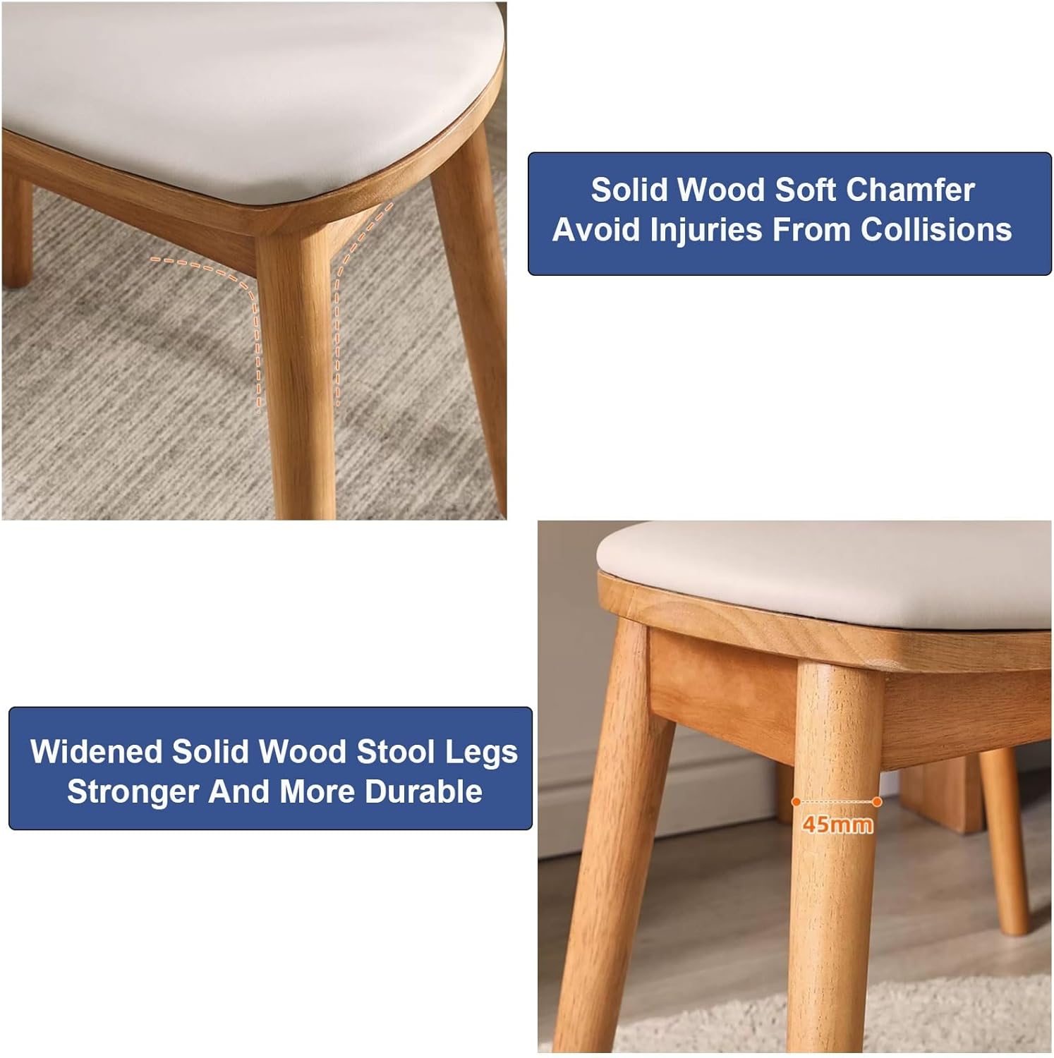 PU Vanity Stool,Makeup Stool with Concave Seat Surface,Upholstered Bench with Rubberwood Legs for Bedroom