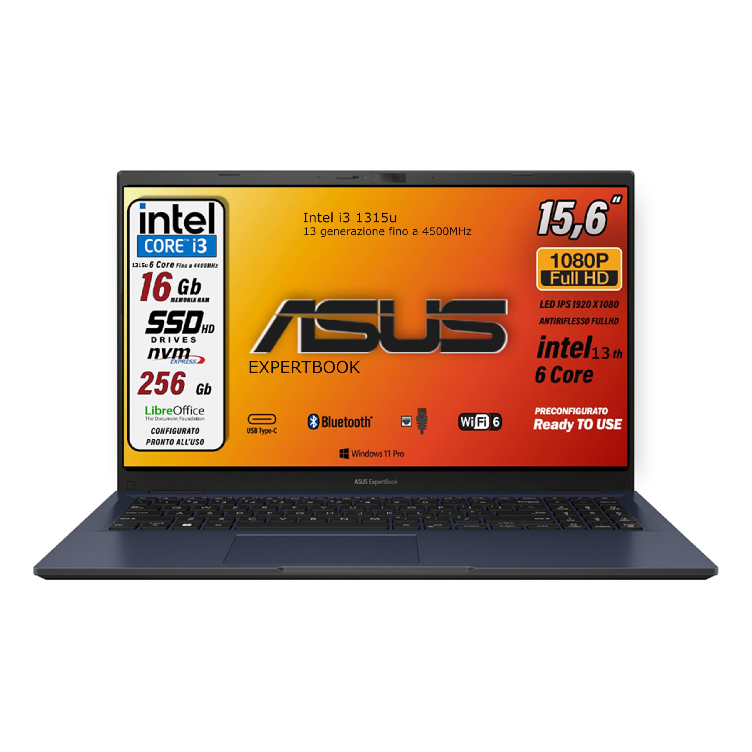 ASUS notebook, pc portatile, Cpu Intel i3 di 13Th 6Core, Ram 16 Gb, SSD Pci Nvme da 256 Gb, 15,6 FHD, wi-fi 6, 4 Usb, Bt, Intel UHD, Win 11 Pro, Libre Office, pronto All'uso Gar. Italiana