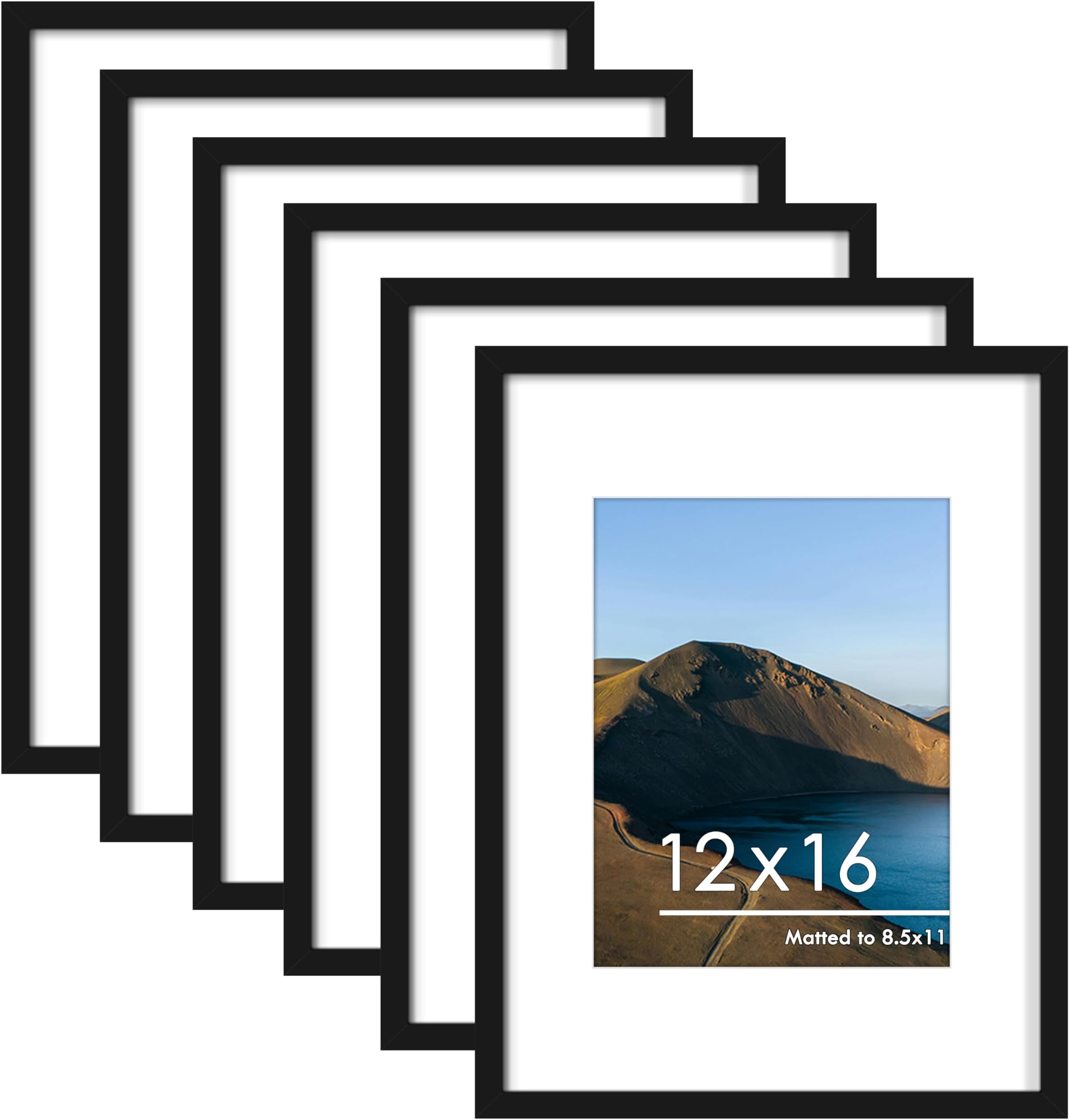 PEALSN 12x16 Picture Frame Set of 6, Display Pictures 8.5 x 11 with Mat or 12 x 16 without Mat for Wall Mounting Display, Photo Frames Collage for Wall Decor, Black.