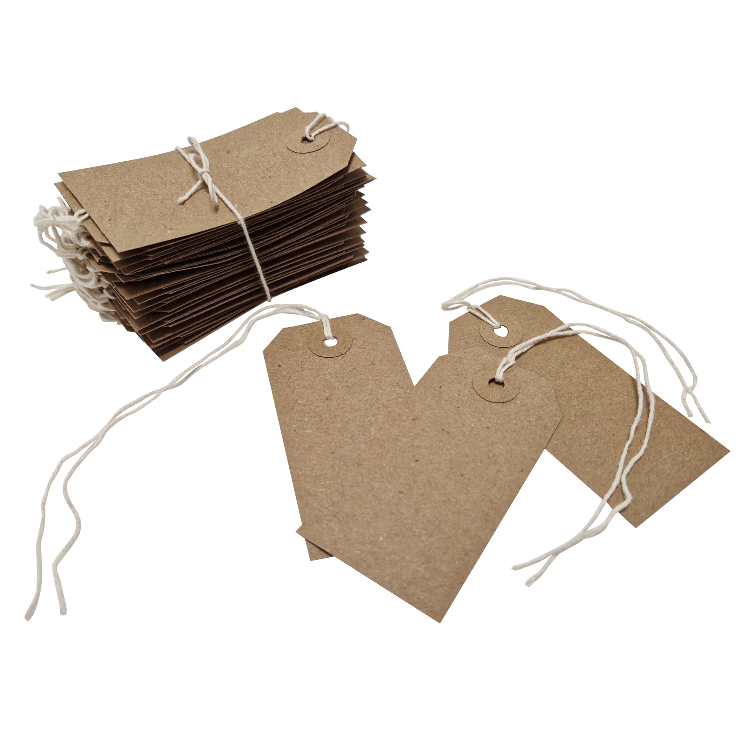 Swift Pack of 3000 Brown Kraft Reinforced Card Strung Tags: 108mm x 54mm Heavy Duty Hanging Gift Swing Tickets, Large Parcel Label, and Price String Paper for Retail Clothing or Craft Labelling