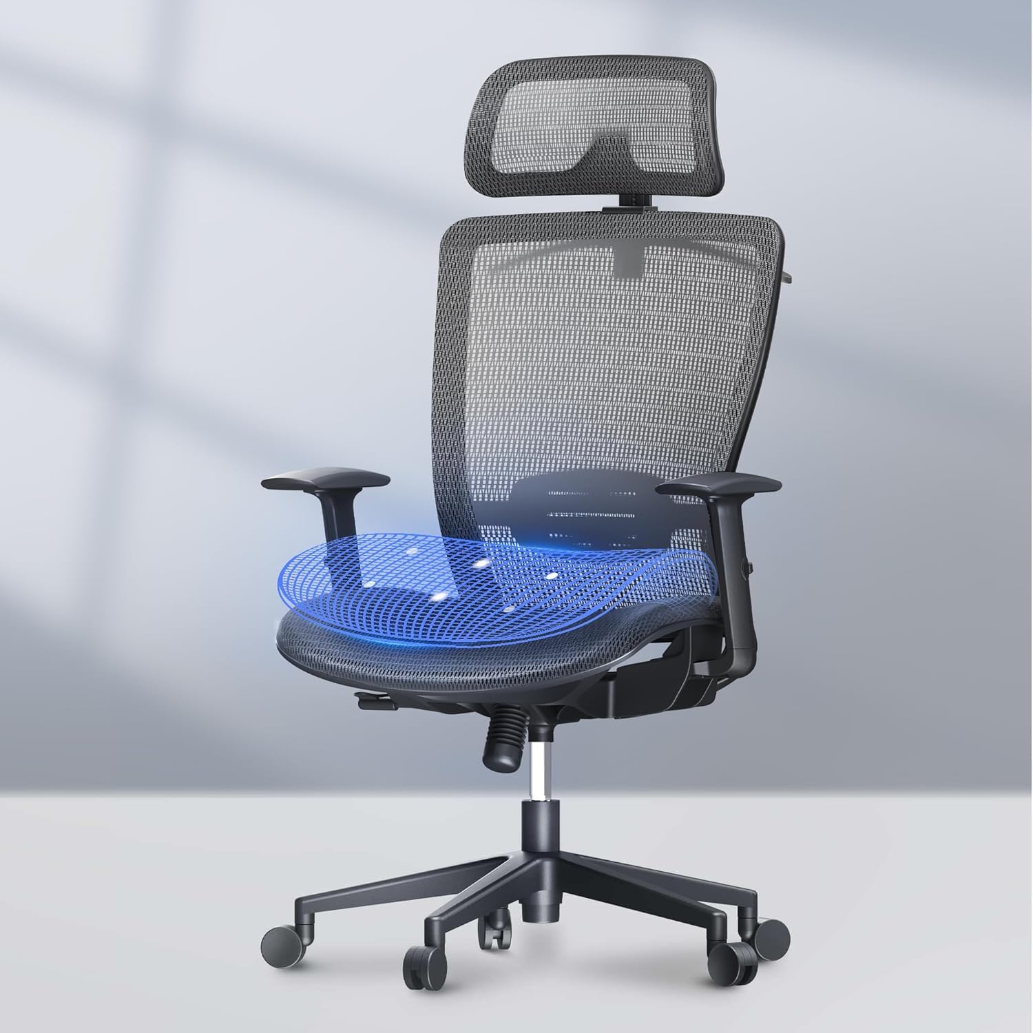 FLEXISPOT OC3B Silla de Oficina Ergonómica con Soporte Lumbar, Reposabrazos y Cojín Ajustables, Reposacabezas, Perchero Integrado, Silla Giratoria para Oficina y Hogar, Gris
