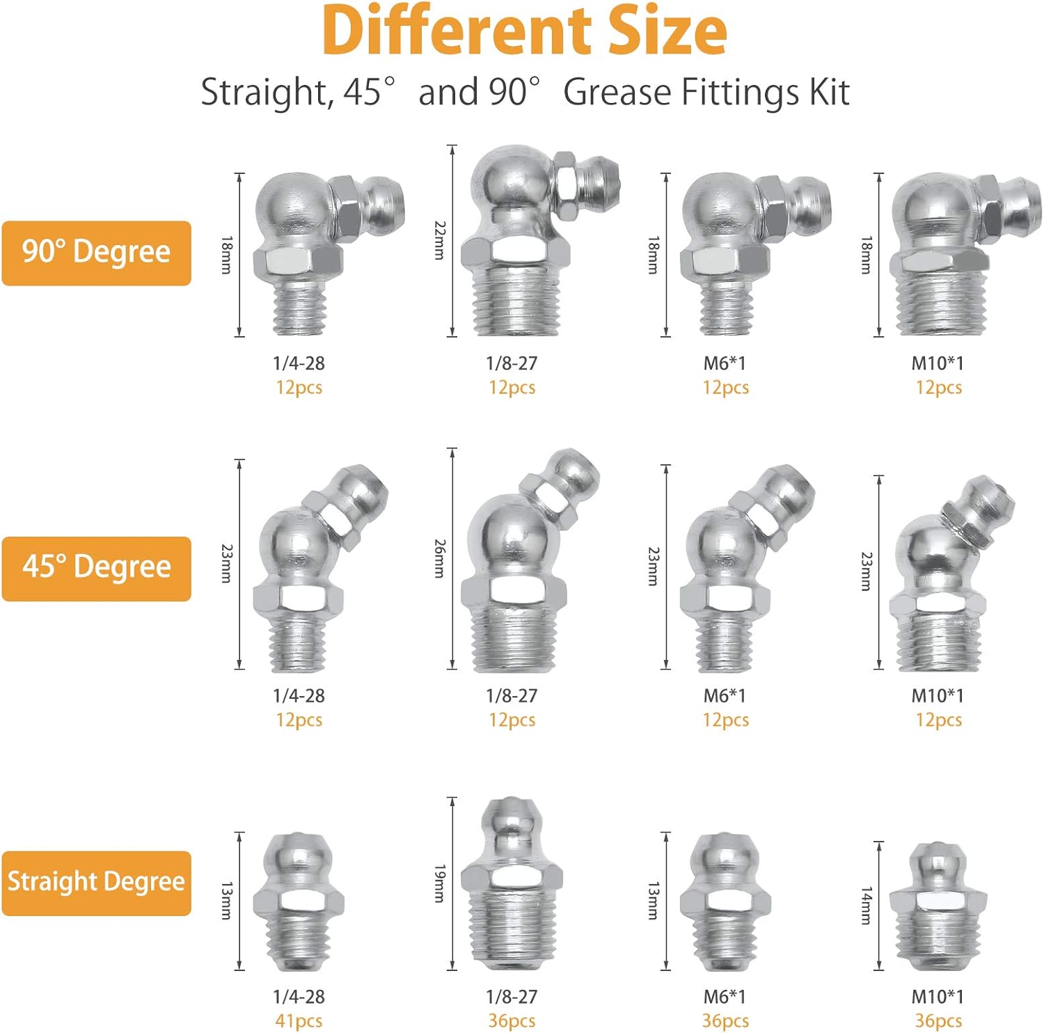 VIGRUE 490Pcs Grease Fittings with Caps, SAE & Metric Zerk Grease Fittings Assortment Kit, 1/4 1/8 M6 M10 Straight 45 90 Degree Zerks for Grease Gun