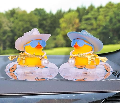 Miniatura 6 de MuMyer Pato vaquero para automóviles, pato de goma para tablero de automóvil, accesorios de adorno de auto con mini sombrero de vaquero holográfico,
