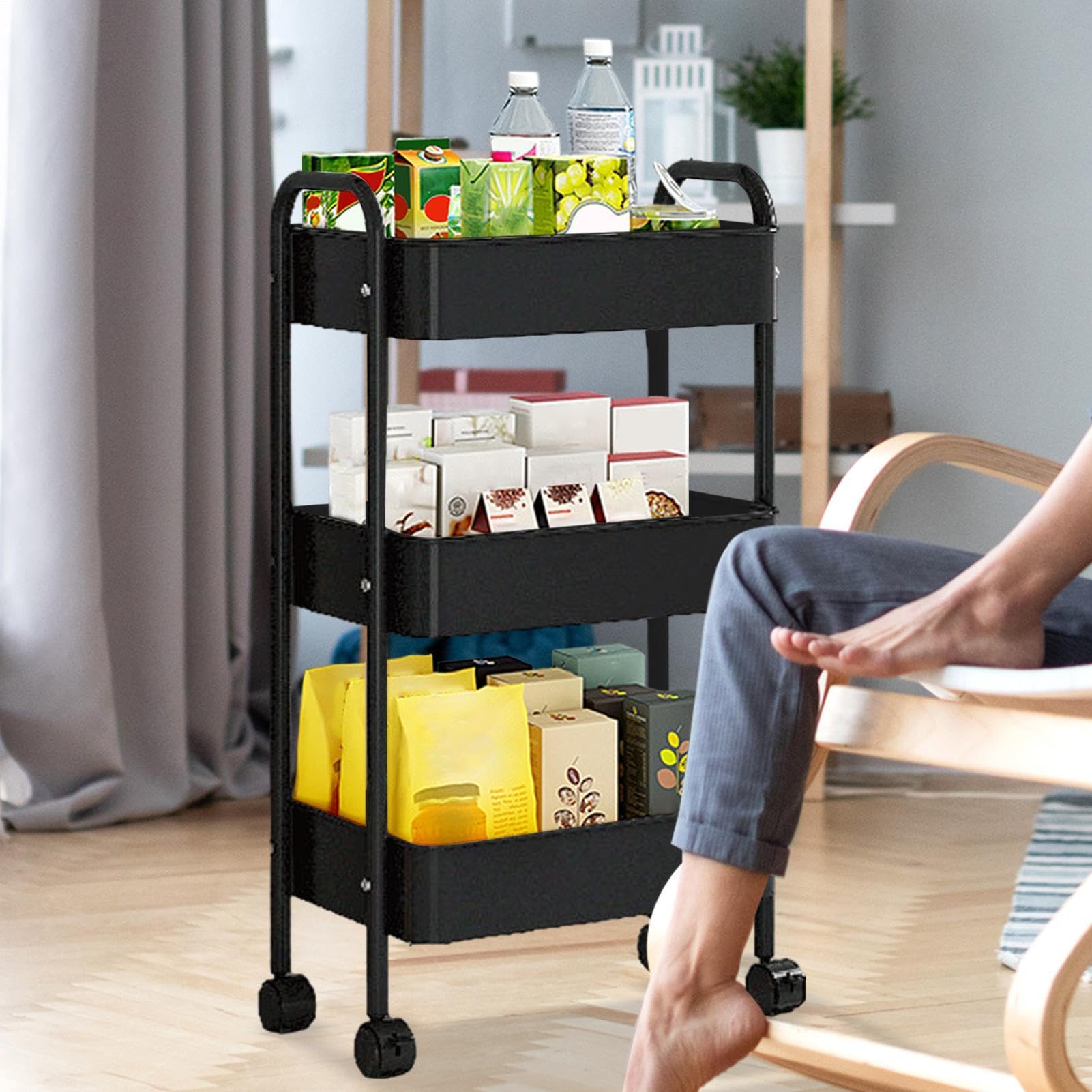 Carrello portaoggetti con ruote, 3 livelli, | Carrello meccanico a 3 livelli per cucina, camera da letto, bagno