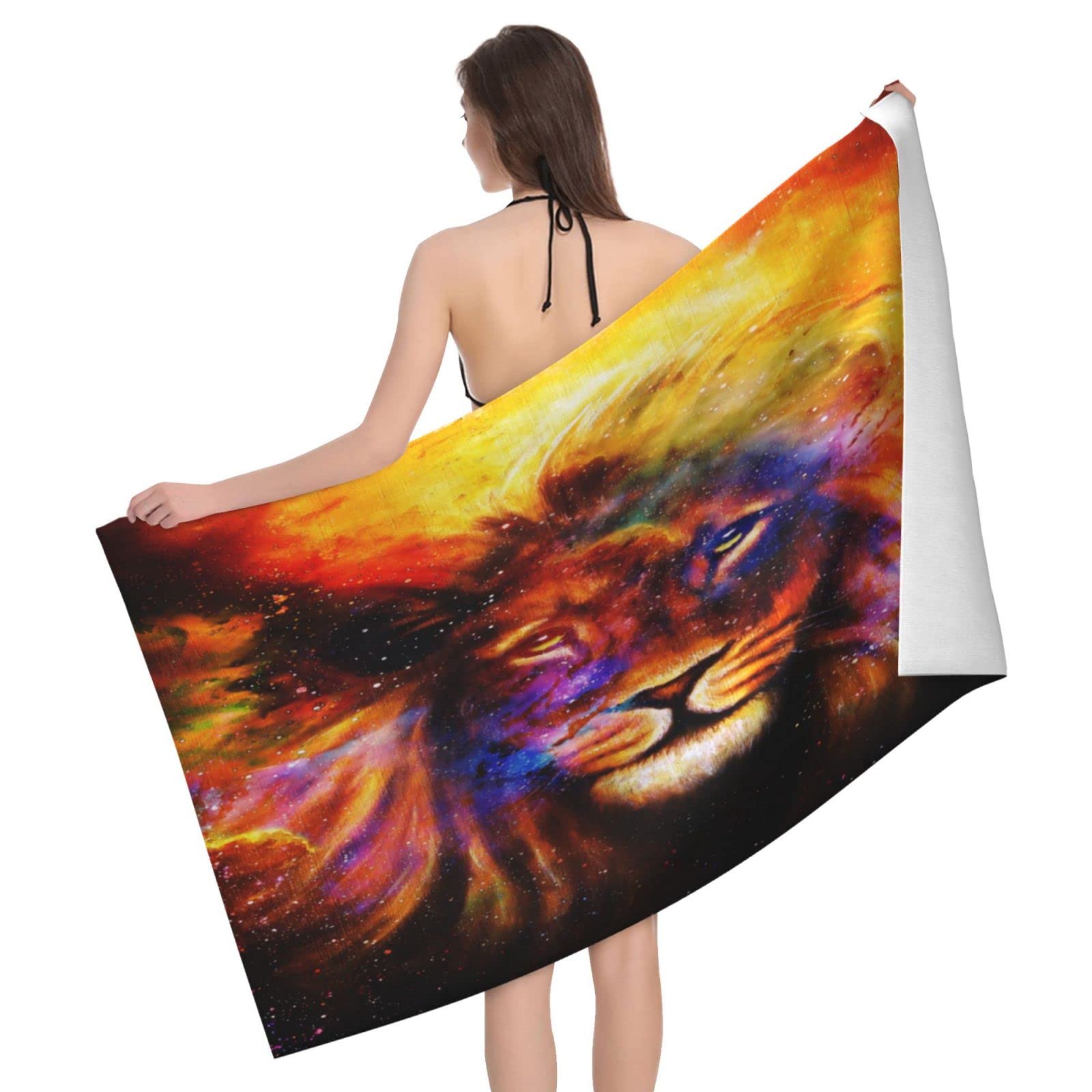 Lawenp Lion and Nebulae Beach Towel, Lightweight Sand Free Quick Dry Microfiber Absorbent Bath Towel for Kids, Adults, Swimming, Bath, Yoga, Pool, Travel, Camping 32"X52"