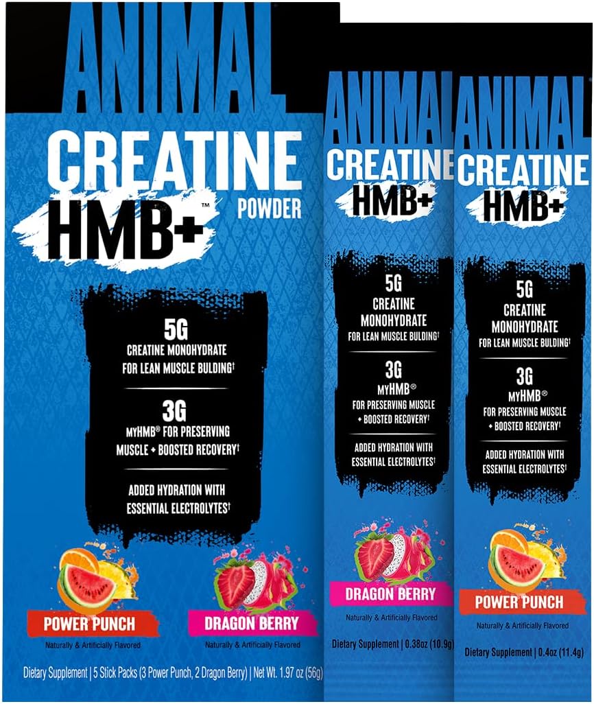 Animal Creatine HMB Powder – 3g myHMB + 5g Creatine with Electrolytes for Recovery & Daily Energy – Power Punch (3) and Dragon Berry (2) Stick Pack Samples, 5 Servings