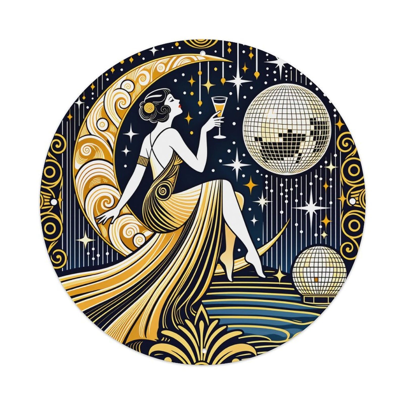 Art Deco Moon Lady Disco Ball Round Tin Sign Vintage Metal Poster Retro Bar, Home, Man Cave, Kitchen, Laundry Room Wall Art Decor Gift 8x8Inch