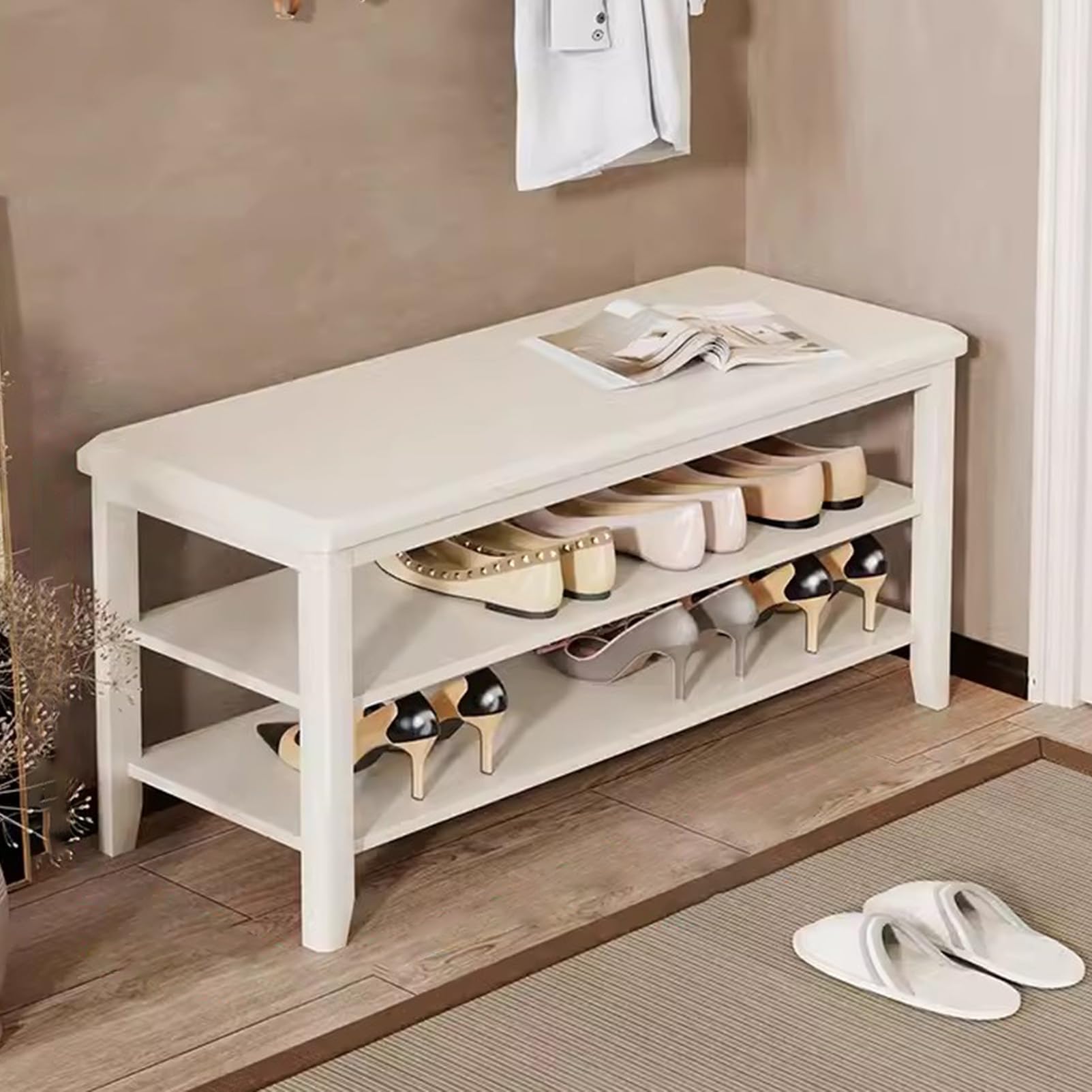 MSHGSKU Wooden Shoe Bench 3Tier Entryway Storage White Hallway Shoe Rack Modern Entry Bench for Hall Mudroom Organizer Stylish Shoe Storage Solution