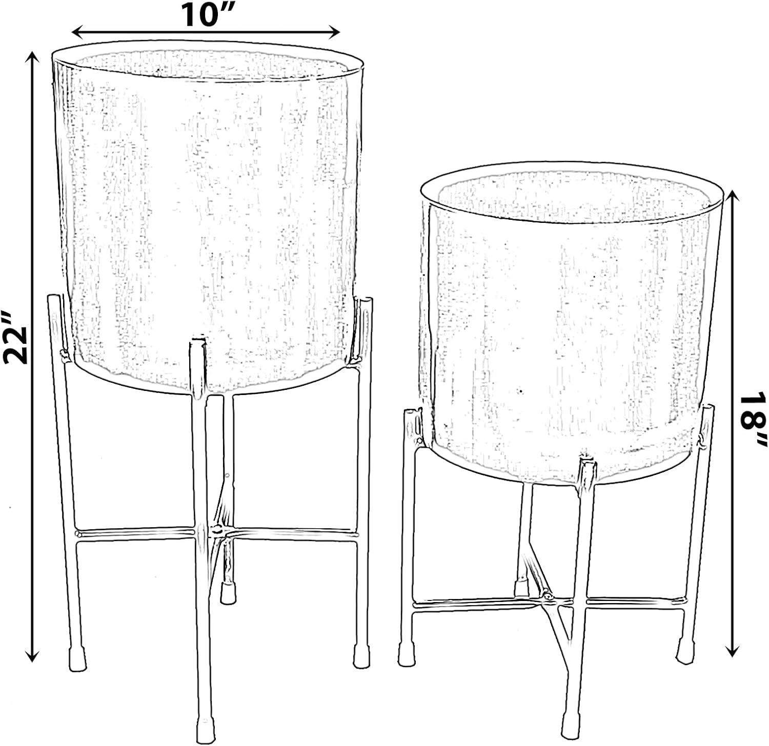 Set of 2 Decorative Modern Gold Metal Cylinder Floor Flower Planter Holders with Stand, 22 inches and 18inches Tall, Perfect for Your Entryway, Living Room, or Dining Room