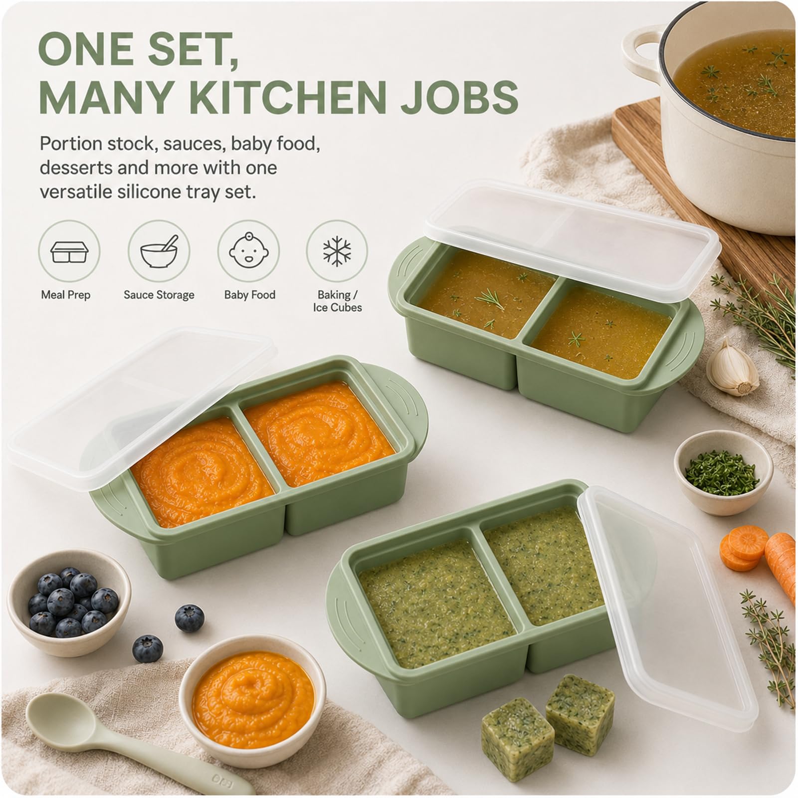 Plateaux de Congélation en Silicone Extra Larges avec Couvercle Lot de 4 | 2 Tasses par Compartiment Pour Congeler Soupes Bouillons et Sauces Facilement