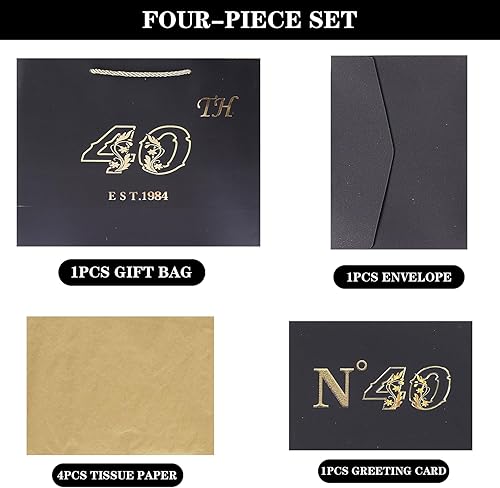 Miniatura 5 de Jaywayang Bolsa de regalo grande negra de 40 cumpleaños con tarjeta y papel de seda, bolsa vintage de regalo de recuerdo de impresión metálica para